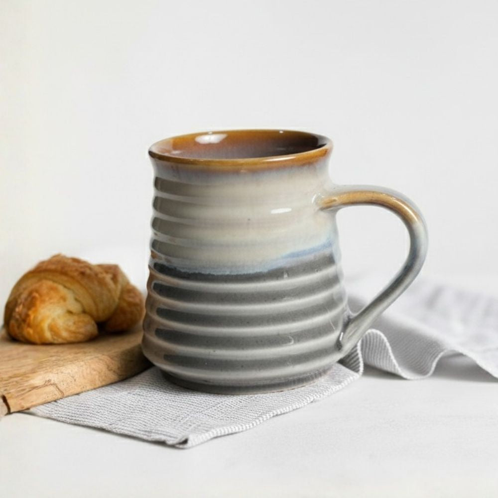 Dark Amber Edge Ribbed Ceramic Mug Set of 6